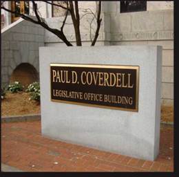 A sign for the Paul D. Coverdell legislativ office building.