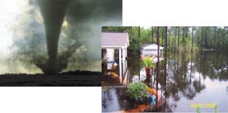 A photograph of a tornado touching land and another photograph of two houses partially under water due to a flood.