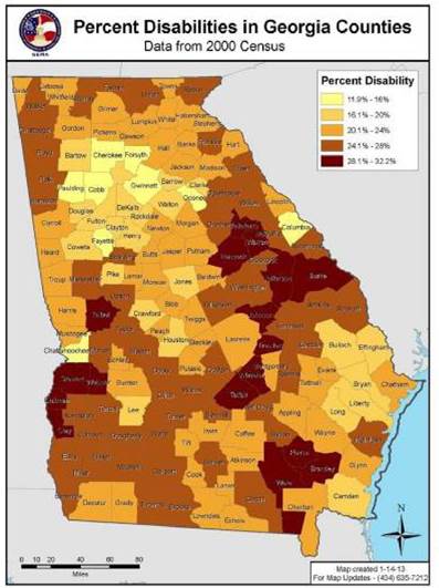 A map of Georgia with counties color coded to indicate the percent of disabilities based on the data from the 2000 census. The majority seem to fall into the 20.1 percent to 24 percent range or the 24.1 percent to 28 percent range. The highest ranges are clustered in the middle and southern most portions of the state, with the lowest percentages clustered near Atlanta.