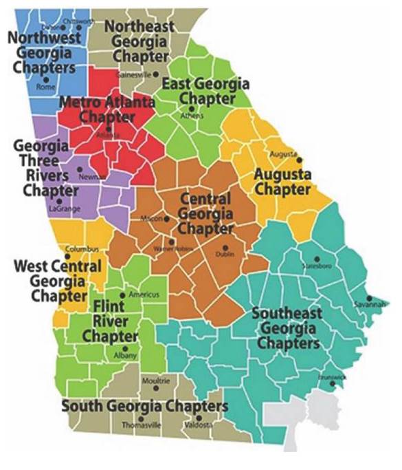 A map of Georgia showing the counties, major cities and how they're divided into chapters of the Red Cross. The Northwest Georgia Chapter has Rome, Dalton, and Chatsworth. The Northeast Georgia chapter has Gainesville. The East Georgia Chapter has Athens. The Metro Atlanta Chapter has Atlanta. The Georgia Three Rivers Chapter has Newnan and LaGrange. The Central Georgia Chapter has Macon, Warner Robins, and Dublin. The Augusta Chapter has Augusta. The West Central Georgia Chapter has Columbus. The Flint River Chapter has Albany and Americus. The Southeast Georgia Chapter has Statesboro, Savannah, and Brunswick. The South Georgia Chapter has Moultrie, Thomasville, and Valdosta.