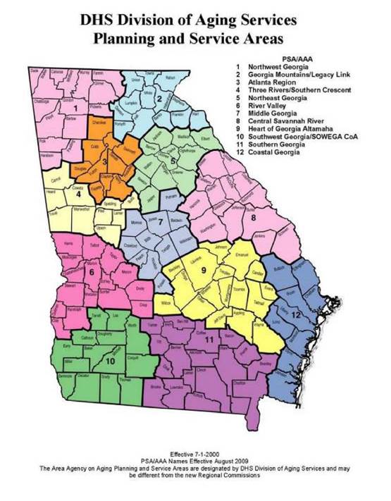The D H S Division of Against Services Planning and Service Areas map of Georgia, divided into 12 regions: Northwest Georgia, Georgia Mountains/Legacy Link, Atlanta Region, Three Rivers/Southern Crescent, Northeast Georgia, River Valley, Middle Georgia, Central Savannah  River, Heart of Georgia Altamaha, Southwest Georgia/S O W E G A C o A, Southern Georgia, and Coastal Georgia.