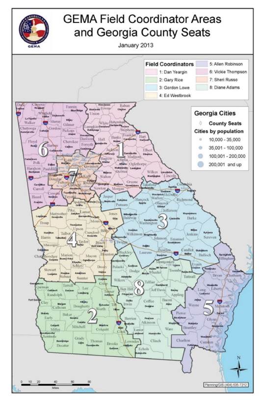 The G E M A Field Coordinators and Georgia County Seats. Color coordinator corresponds to one of the field coordinators for each region. They are Dan Yeargin, Gary Rice, Gordon Lowe, Ed Westbrook, Allen Robinson, Vickie Thompson, Sheri Russo, and Diane Adams. Diamonds indicate county seats and circles of varying sizes show cities by population.