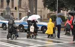 Description: Individuals in wheelchairs using crosswalk to cross a street.
